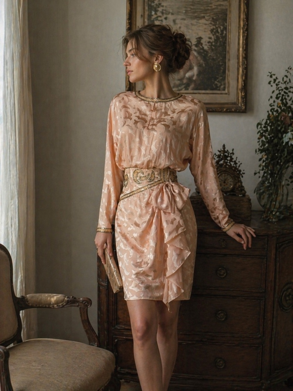 Vintage 100% silk A.J. Bari Peach Evening Dress with Embellished Waist